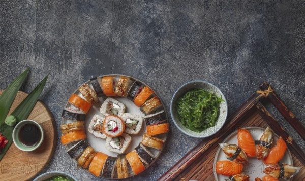 Food, Food, Sushi and rolls sets. Japonese food. top view