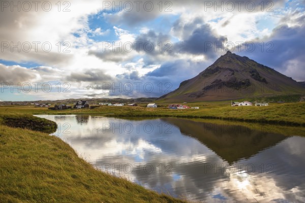 Sunset in the fishing village of Arnastapi. Evening in the Arctic