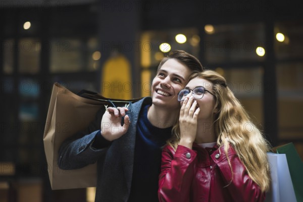 Beautiful couple with shopping bags is talking and smiling while doing shopping in the mall focus on the surprised woman