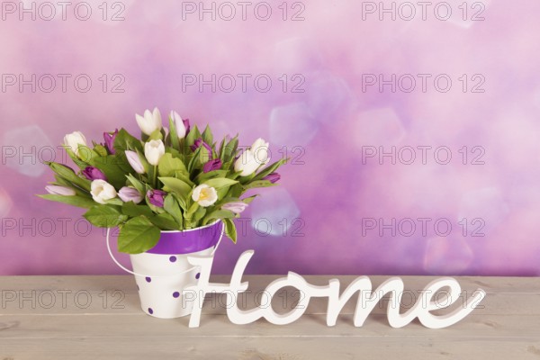 Colorful tulips in vase in interior