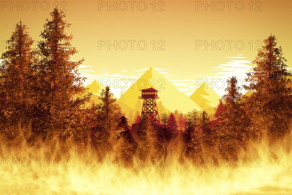 An illustration of forest fires with watchtower