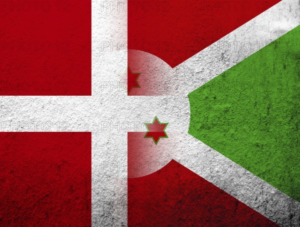 The Kingdom of Denmark National flag with The Republic of Burundi National flag. Grunge Background