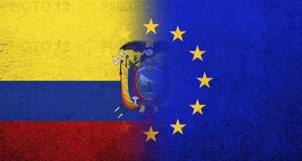 Flag of the European Union with Ecuador National flag. Grunge background