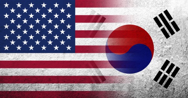 United States of America (USA) national flag with National flag of South Korea. Grunge background