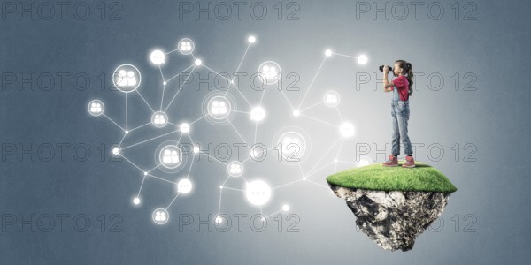 Cute smiling girl on floating island presenting social connection concept
