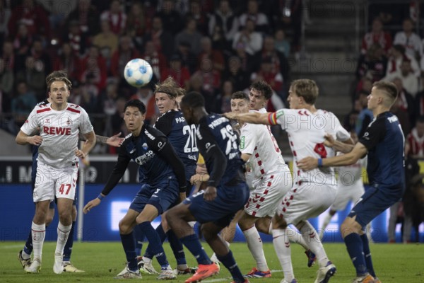 Andreas Dick (DFL/DFB REGULATIONS PROHIBIT ANY USE OF PHOTOGRAPHS AS IMAGE SEQUENCES AND/OR QUASI-VIDEO), RheinEnergieStadion, Cologne, North Rhine-Westphalia, Mathias Olesen (1.FC Köln, midfield, #47), Tjark Scheller (defence, SC Paderborn 07, #25), Felix Götze (defence, SC Paderborn 07, #20), Julian Pauli (1.FC Köln, defence, #24), Santiago Castaneda (midfield, SC Paderborn 07, #5), 2nd Bundesliga, 1.FC Köln, SC Paderborn 07 on 25.10.2024 at the RheinEnergieStadion in Cologne Germany