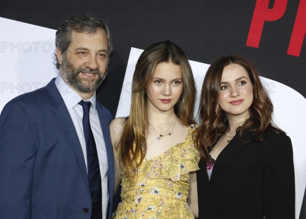 Judd Apatow, Maude Apatow and Iris Apatow at the Los Angeles premiere of 'Blockers' held at the Regency Village Theatre in Westwood, USA on April 3, 2018., Westwood, California, USA, North America