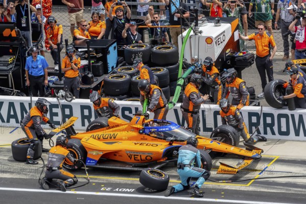 INDYCAR driver, ALEXANDER ROSSI (7) of Nevada City, California, brings his Arrow McLaren Chevrolet in for service during the Indianapolis 500 at the Indianapolis Motor Speedway in Indianapolis, IN, USA, North America