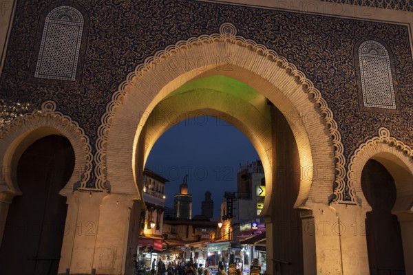 Famous town gate Bab Boujloud in the medina of Fes, Morocco, Africa