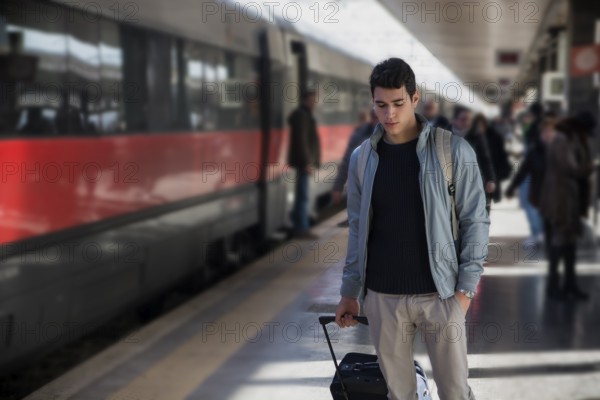 Handsome young male traveler in train station with trolley suitcase, looking down