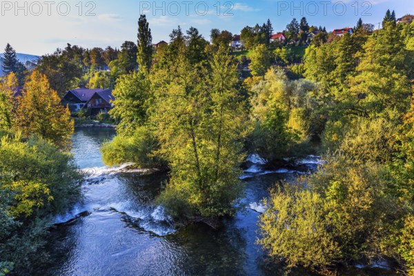 Concept of ecological and photo tourism. Croatia, Slunj. Amazing park above the water channels of the Korana river