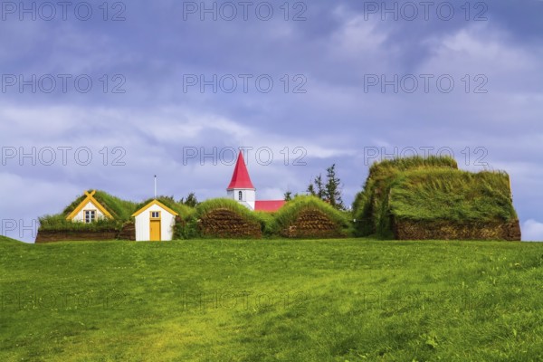 The village ancestors. The reconstituted village early settlers in Iceland. Roofs of houses covered with turf and grass