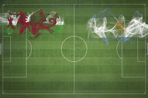 Wales vs Argentina Soccer Match, national colors, national flags, soccer field, football game, Competition concept, Copy space