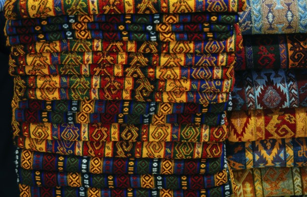 Traditional Turkish rug textile with patterns in bazaar