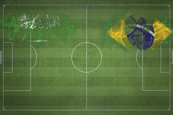 Saudi Arabia vs Brazil Soccer Match, national colors, national flags, soccer field, football game, Competition concept, Copy space