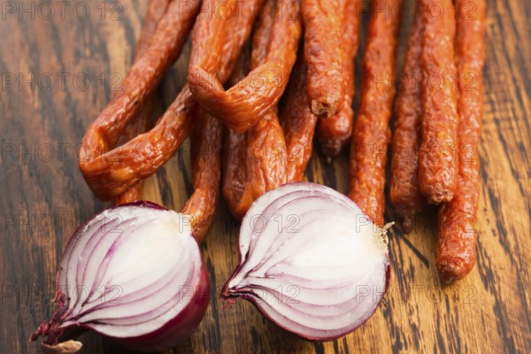 Snack stick sausage with onion