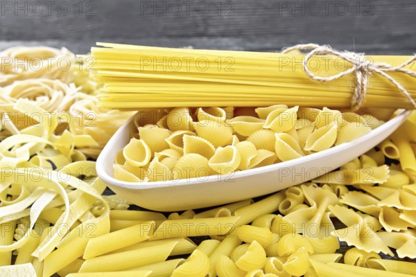 Pasta seashells and spaghetti in a bowl, pipe rigate, tagliatelle, fusilli, penne, farfalle, conquilla, trenette, rotini, pappardelle on wooden board background