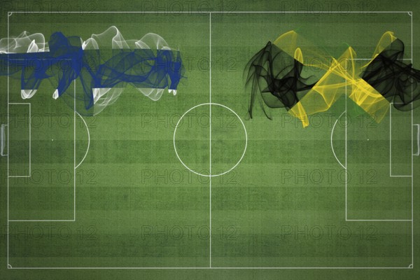 Finland vs Jamaica Soccer Match, national colors, national flags, soccer field, football game, Competition concept, Copy space