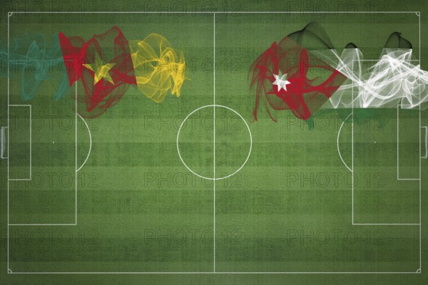 Cameroon vs Jordan Soccer Match, national colors, national flags, soccer field, football game, Competition concept, Copy space
