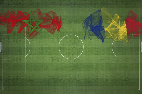 Morocco vs Romania Soccer Match, national colors, national flags, soccer field, football game, Competition concept, Copy space