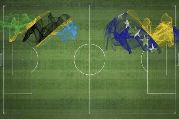 Tanzania vs Bosnia and Herzegovina Soccer Match, national colors, national flags, soccer field, football game, Competition concept, Copy space