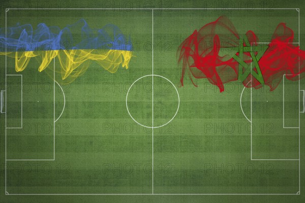 Ukraine vs Morocco Soccer Match, national colors, national flags, soccer field, football game, Competition concept, Copy space
