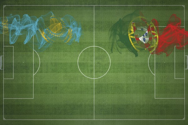 Kazakhstan vs Portugal Soccer Match, national colors, national flags, soccer field, football game, Competition concept, Copy space