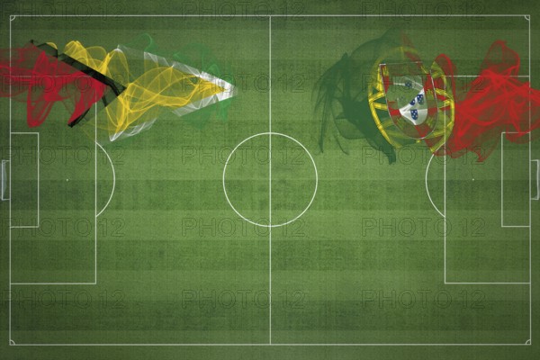 Guyana vs Portugal Soccer Match, national colors, national flags, soccer field, football game, Competition concept, Copy space