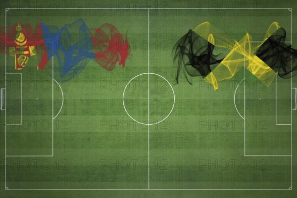Mongolia vs Jamaica Soccer Match, national colors, national flags, soccer field, football game, Competition concept, Copy space