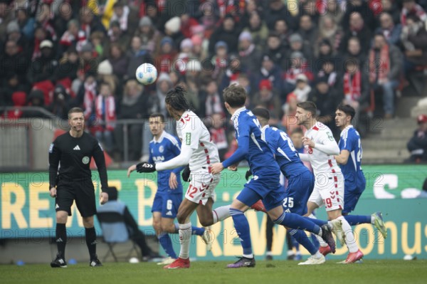 (DFL/DFB REGULATES PROHIBIT ANY USE OF PHOTOGRAPHS AS IMAGE SEQUENCES AND/OR QUASI-VIDEO), RheinEnergieStadion, Cologne, North Rhine-Westphalia, Damion Downs (1.FC Köln, Sturm, #42), Lukasz Poreba (Hamburger SV, Midfield, #6), +hh25+, 2. Fußball Bundesliga, 1.FC Köln, Hamburger SV on 09/02/2025 at RheinEnergieStadion in Cologne Germany
