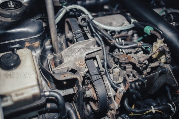 Close-up of a car engine with intricate mechanics and wiring
