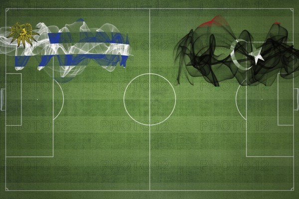 Uruguay vs Libya Soccer Match, national colors, national flags, soccer field, football game, Competition concept, Copy space