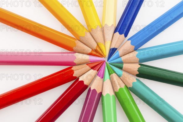 Many different coloured pencils on a white background, Many different colored pencils on white background Austria