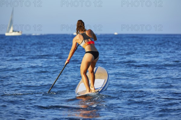 SUP Stand up Surf girl with paddle in a blue ocean sea