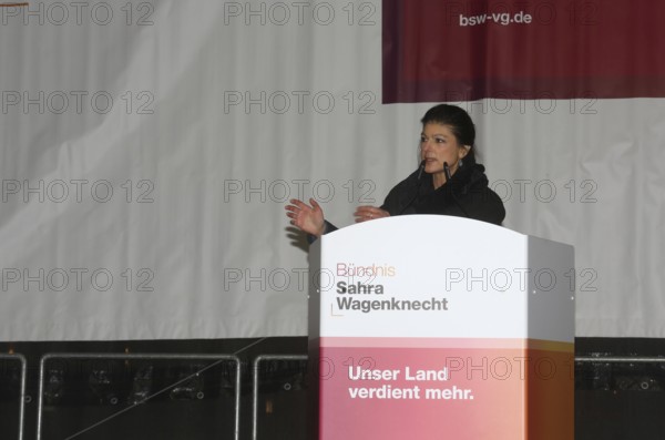 Politician Sahra Wagenknecht speaking at a rally during the 2025 election campaign. Munich, Germany, Europe