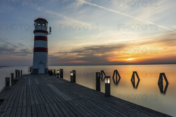 Lighthouse at sunset, long exposure, Podersdorf am See, Lake Neusiedl, Burgenland, Austria, Europe