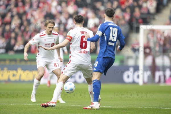 (DFL/DFB REGULATES PROHIBIT ANY USE OF PHOTOGRAPHS AS IMAGE SEQUENCES AND/OR QUASI-VIDEO), RheinEnergieStadion, Cologne, North Rhine-Westphalia, Mathias Olesen (1.FC Köln, Midfield, #47), Eric Martel (1.FC Köln, Midfield, #6), 2nd Bundesliga, 1.FC Köln, Hamburger SV on 09/02/2025 at RheinEnergieStadion in Cologne Germany
