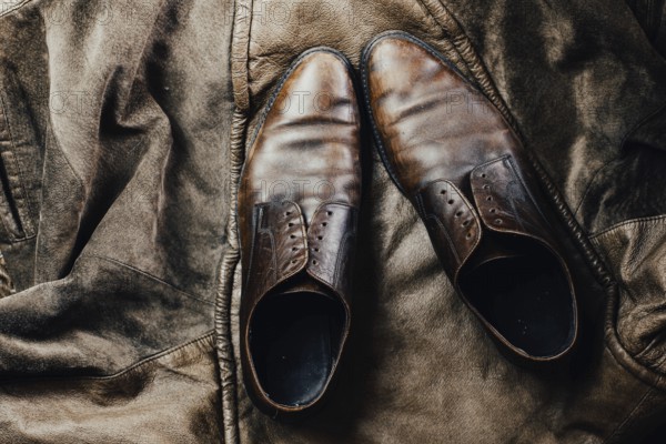 Brown leather shoes paired with a leather jacket, enhancing a vintage and rustic feel