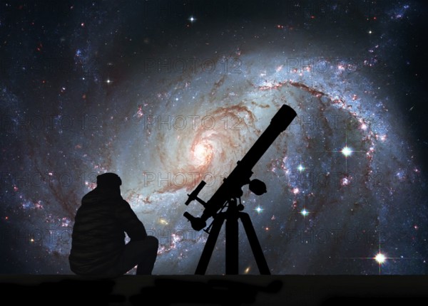 Man with telescope looking at the stars. Stellar Nursery NGC 1672. Spiral galaxy in the constellation Dorado Elements of this image are furnished by NASA