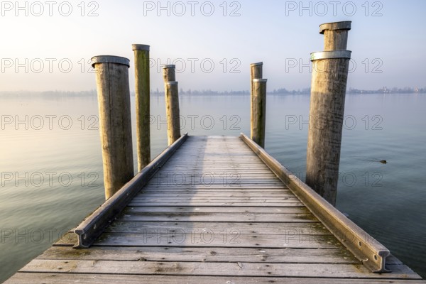 A narrow wooden jetty with posts juts out into a misty, calm lake, harbour, Allensbach, Baden-Württemberg, Germany, Europe