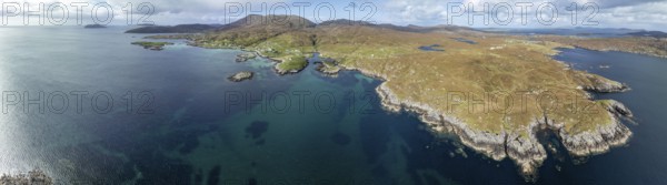 View to Earsairidh, Panorama, Drone image, East coast of Barra, Hebrides, Scotland, Great Britain