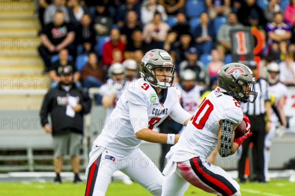 European League of Football, ELF/ Game : Cologne Centurions at Frankfurt Galaxy on July. 01. 2023, in the PSD Bank Arena, Frankfurt, Germany Cologne Centurions, QB # 9 Judd Erickson, RB # 20 Gerald Ameln