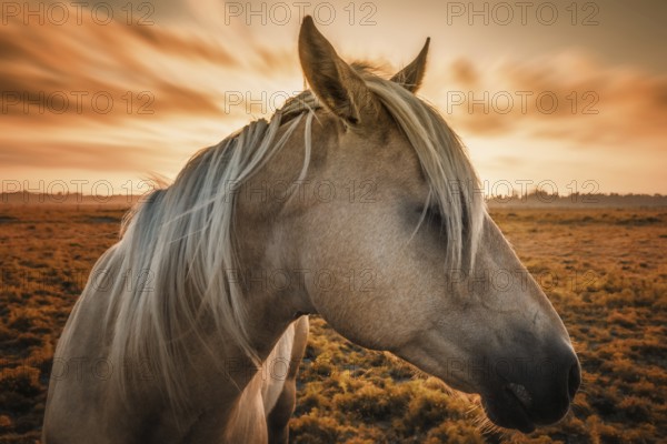Profile of a horse, close-up, with sunset in the background