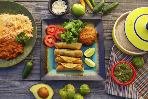 Mexican flautas rolled tacos with salsa and Mexico food ingredients