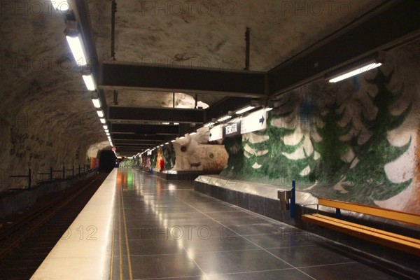 Fragment of the interior of the Risssne metro station in Stockholm