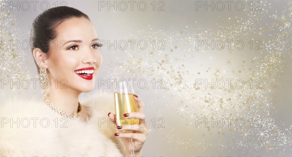 Upscale woman wearing gold jewellery and red lipstick on light background, Toronto, Canada, North America