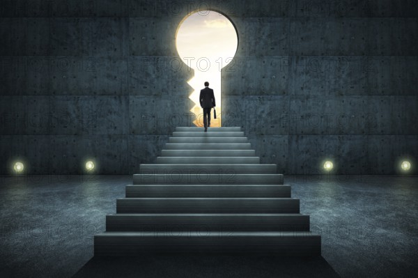 Sucess businessman climbing on stair against conrete wall with key hole door, sunrise scene city skyline outdoor view