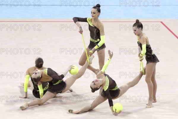 Sofia, Bulgaria - 7 May, 2017: Team Ukraine performs during Rhythmic Gymnastics World Cup Sofia 2017. Group tournament