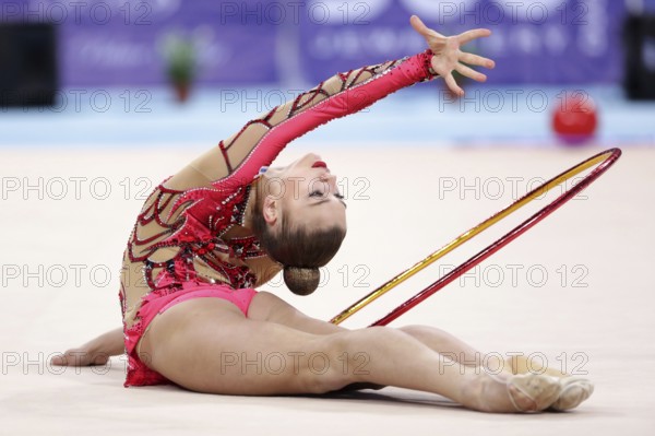 Sofia, Bulgaria - 1 April, 2018: Aleksandra Soldatova Russia performs with hoop during Rhythmic Gymnastics World Cup Sofia 2018. Individual tournament