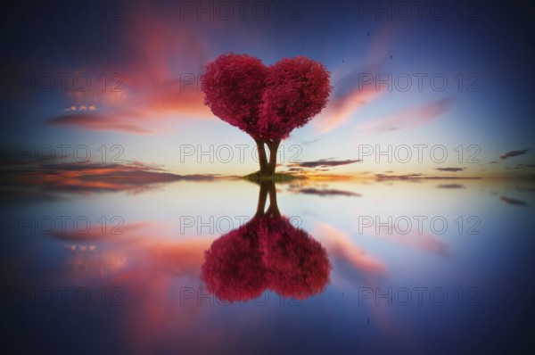 Abstraktes Bild von einsam rotem Farbblatt und Liebe Form Baum bei Sonnenaufgang Szene mit Reflexion in Wasser
